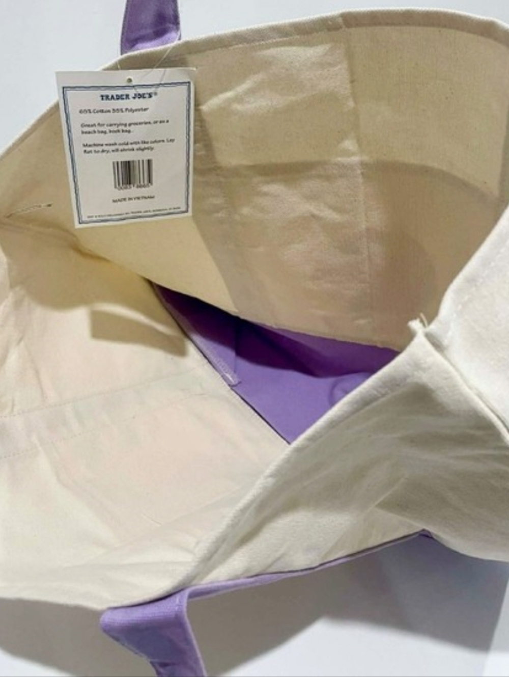 NWT- Large Trader Joe's Lavender and Cream Canvas Tote Bag - Picture 3 of 3